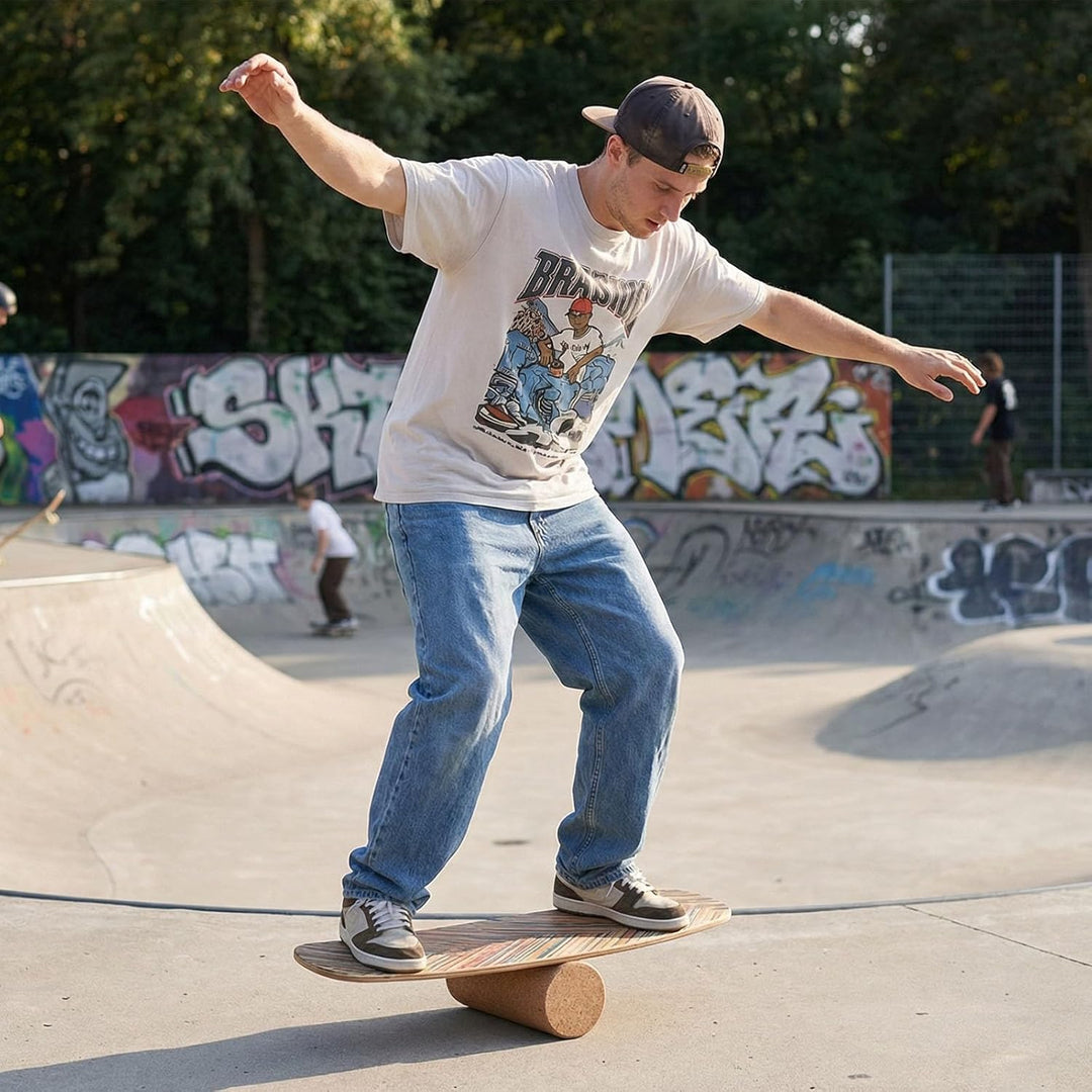 GYMAX Balance Board aus Birkholz, Wackelbrett mit Korkrolle, Indoor Surfboard für Surf-, Skateboard-