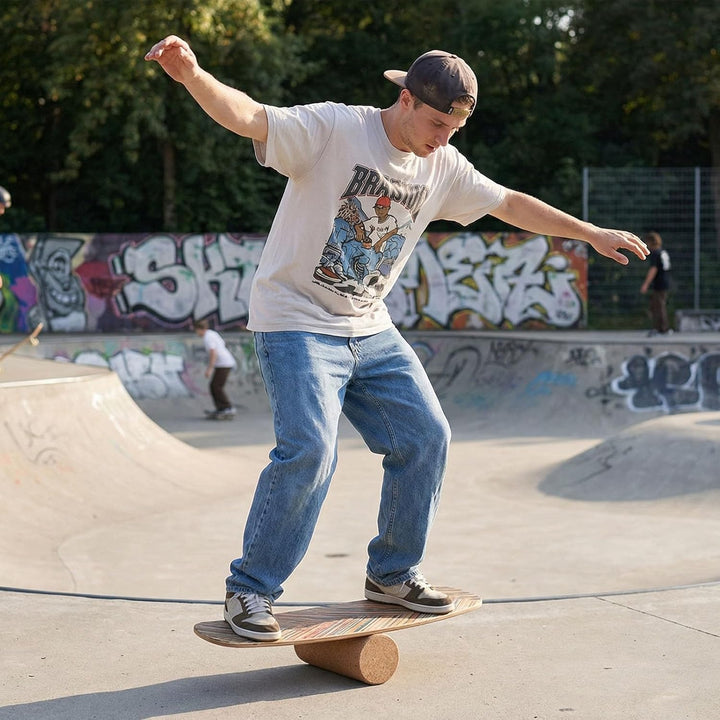 GYMAX Balance Board aus Birkholz, Wackelbrett mit Korkrolle, Indoor Surfboard für Surf-, Skateboard-