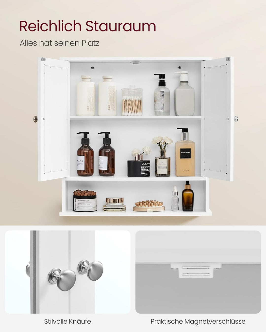 VASAGLE Spiegelschrank, Badschrank, Wandschrank, Hängeschrank mit 2 Spiegeltüren und offenem Fach, v