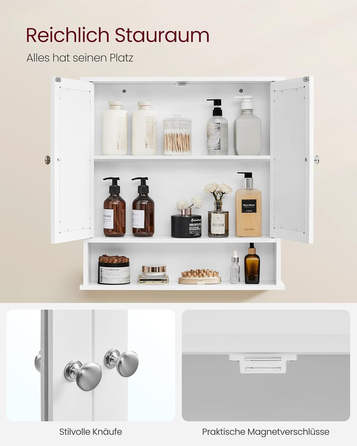 VASAGLE Spiegelschrank, Badschrank, Wandschrank, Hängeschrank mit 2 Spiegeltüren und offenem Fach, v