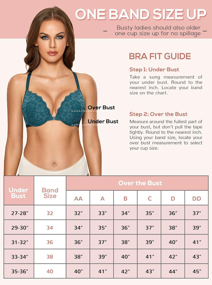 DOBREVA Damen Vorderverschluss BH mit Bügel Push Up Spitzen Neckholder BHS Racerback Tiefer Ausschni