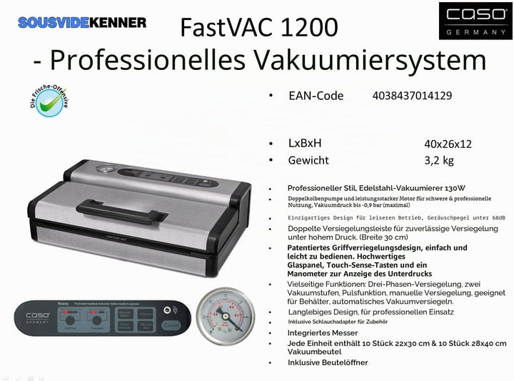 CASO FastVac 1200 Professionelles Vakuumsystem - Doppelte Kolbenpumpe (ca. 20 Liter/Min.), Starker M
