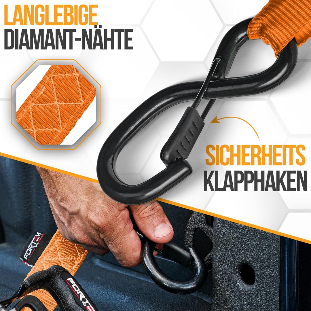 FORTEM Spanngurte mit Ratsche, 2362kg Bruchlast, 4X 3,04m Profi Gurte, 4X Weiche Schlaufen, Gummibes
