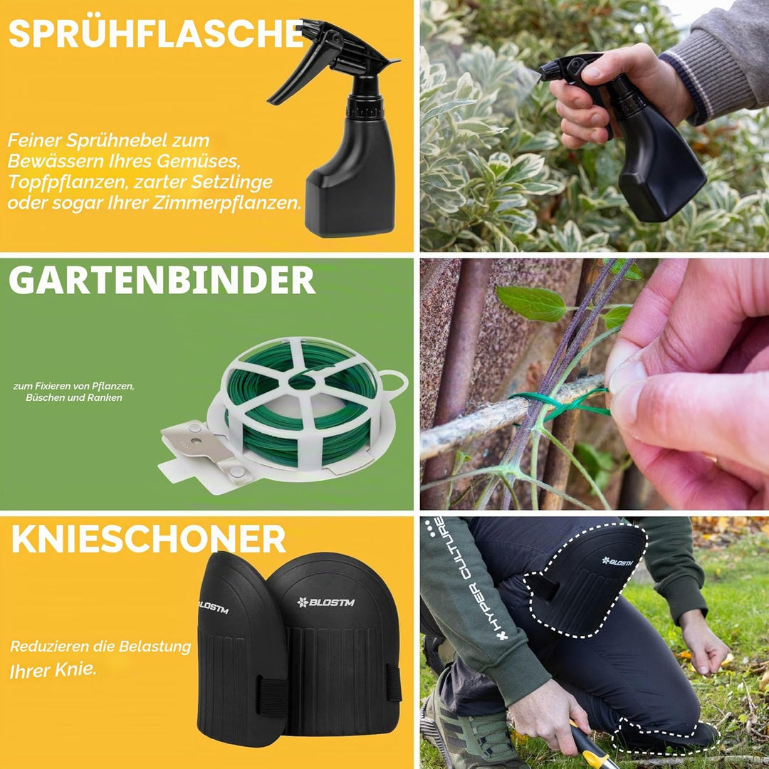 BLOSTM Gartenwerkzeug-Set, 11-teilig, robustes Gartengeräte-Set mit wasserdichter Tragetasche, rostf