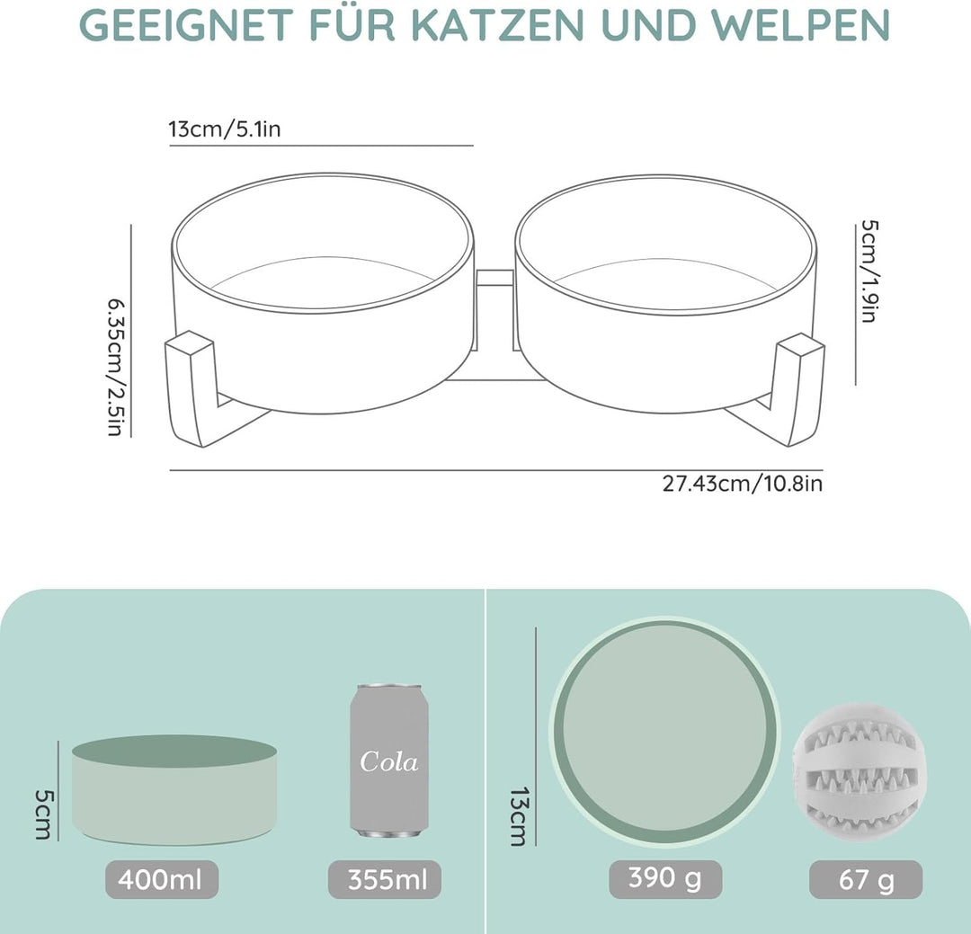 SPUNKYJUNKY Keramik Doppel Futternapf mit Bambus Ständer für Katzen und Hunde (400ml, Hellgrün), Dop