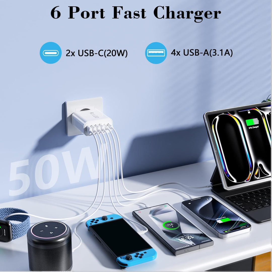 USB C Ladegerät, Multi Port Ladestecker, 52W 6-Port Ladeblock, Dual PD Schnellladegerät, USB C Wandl
