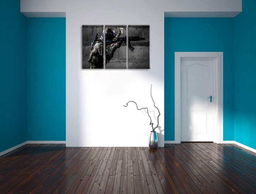 Pixxprint Soldat mit Uniform im Einsatz als Leinwandbild | Grösse: 3 Teilig (120x80) | Wandbild| Kun