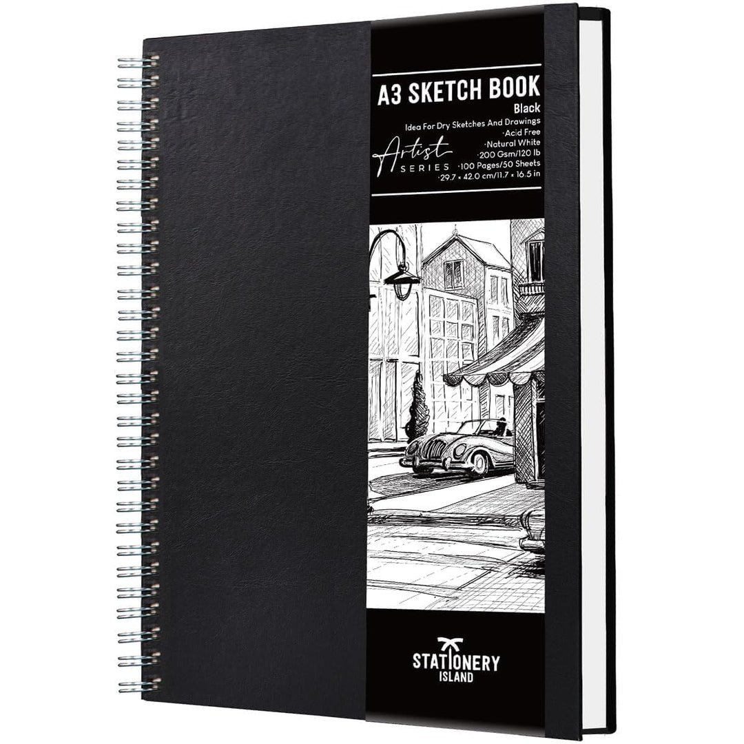 STATIONERY ISLAND A3 Skizzenbuch, 200 g/m² Dickes Papier, Spiralgebundener Zeichenbuch A3 Hardcover,