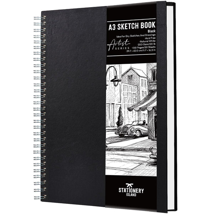STATIONERY ISLAND A3 Skizzenbuch, 200 g/m² Dickes Papier, Spiralgebundener Zeichenbuch A3 Hardcover,