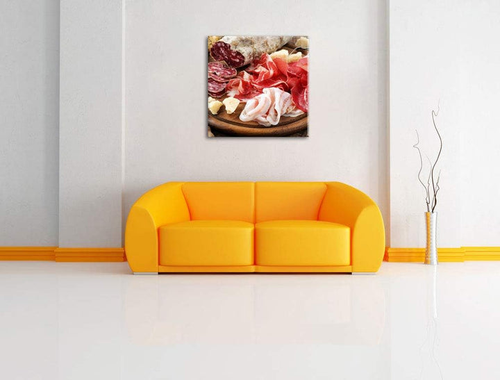 Brotzeit mit Wurst, Format: 70x70 auf Leinwand, XXL riesige Bilder fertig gerahmt mit Keilrahmen, Ku