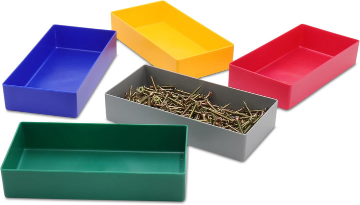1a-TopStore 25 Stück Einsatzkasten Serie E40, farblich sortiert, 5 Farben u. 4 Grössen, aus Polystyr