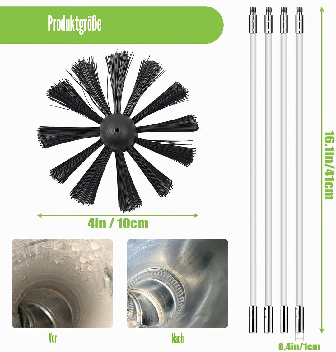 MaxEarn 24 STK Kaminbürste Stange Set mit 18 Flexible Stangen 410 mm+ 2 Bürstenköpfen 100mm + 1 Lang