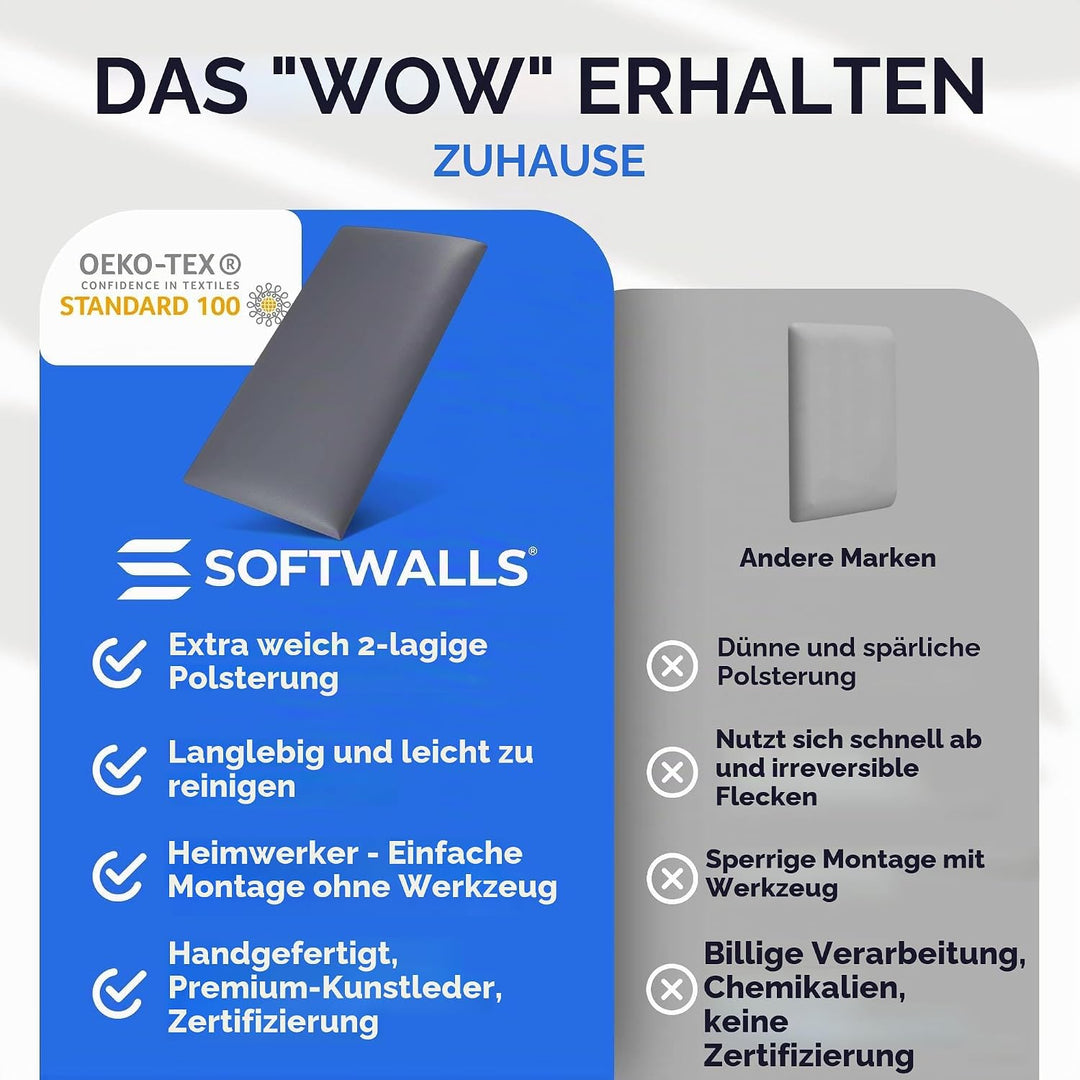softwalls Wandkissen Leder mit 50mm Polsterung - Bett Kopfteil Wandpolster - Wandverkleidung - Wandp