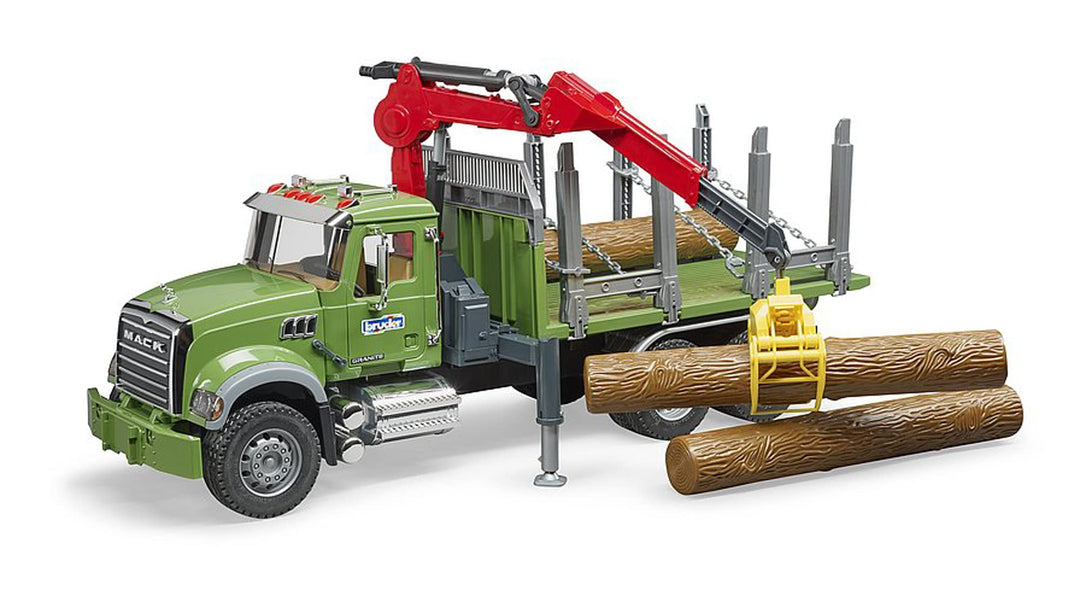 bruder 02824 - Mack Granite Holztransport-LKW mit Ladekran, Greifer & 3 Baumstämmen - 1:16 Holztrans