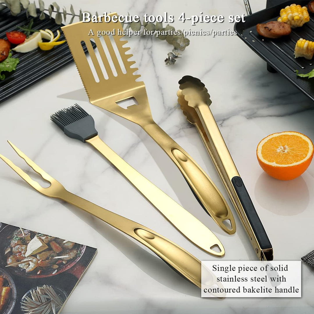 Kyraton Gold Grillbesteck Set 4TLG Kit, Grill Zubehör Set, Titan Gold Beschichtung Edelstahl mit Bak