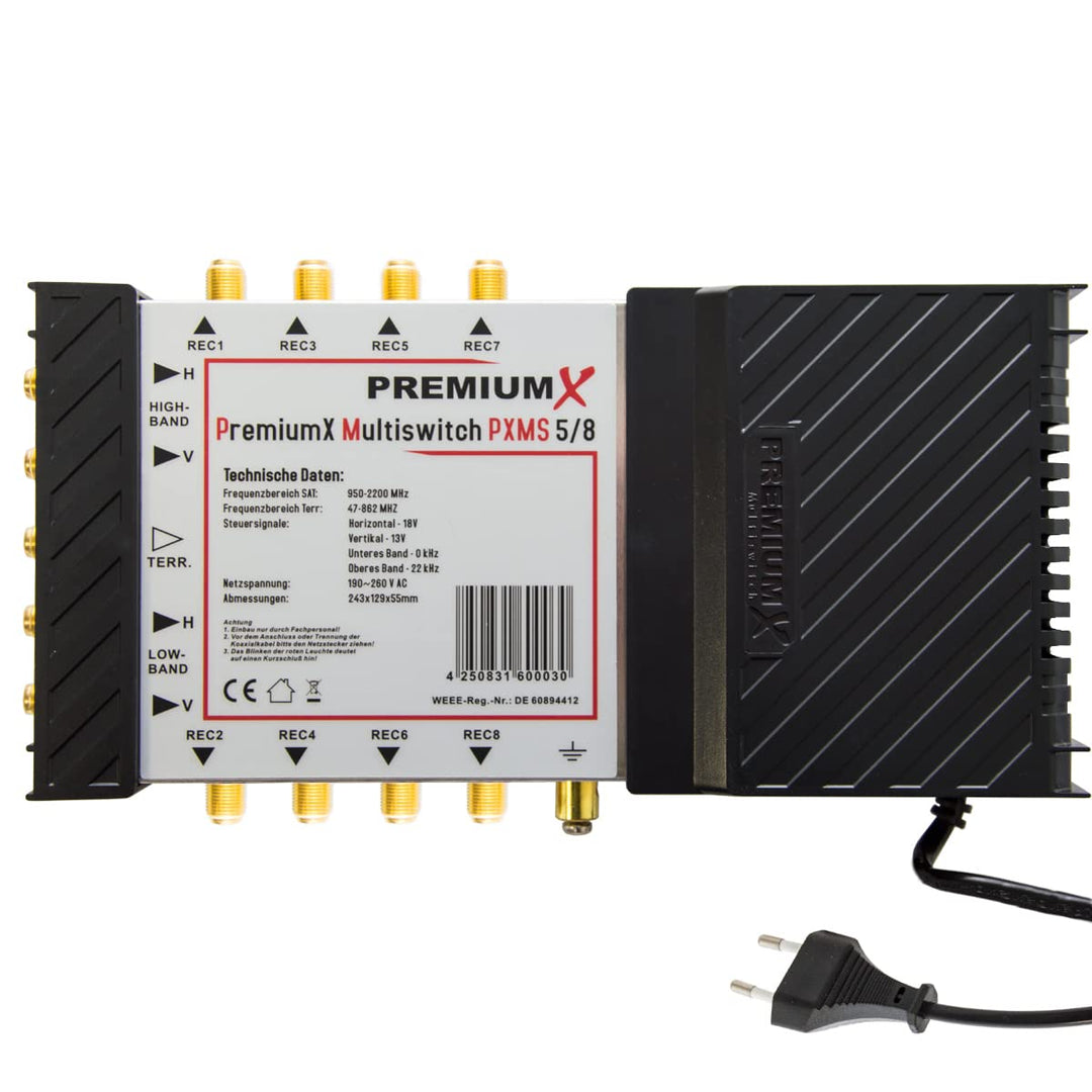 PremiumX PXMS 5/8 Multischalter mit Netzteil Multiswitch 1 SAT für 8 Teilnehmer Satverteiler Digital