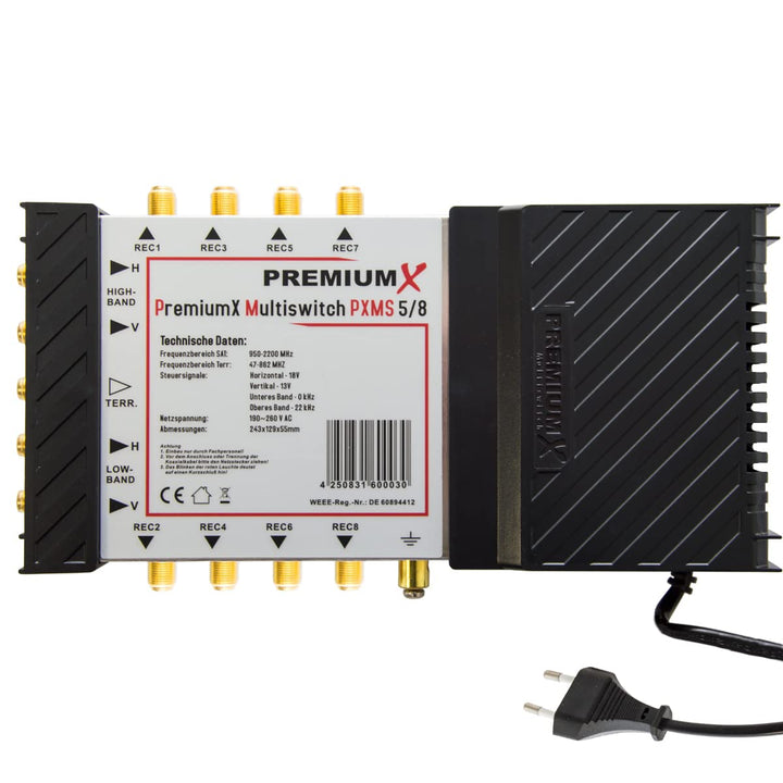 PremiumX PXMS 5/8 Multischalter mit Netzteil Multiswitch 1 SAT für 8 Teilnehmer Satverteiler Digital