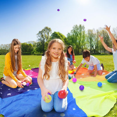 DKINY Regenbogen Schwungtuch Kinder 2.4m Bunt Fallschirm mit 12 Bällen und 12 Griffe Parachutes Spie