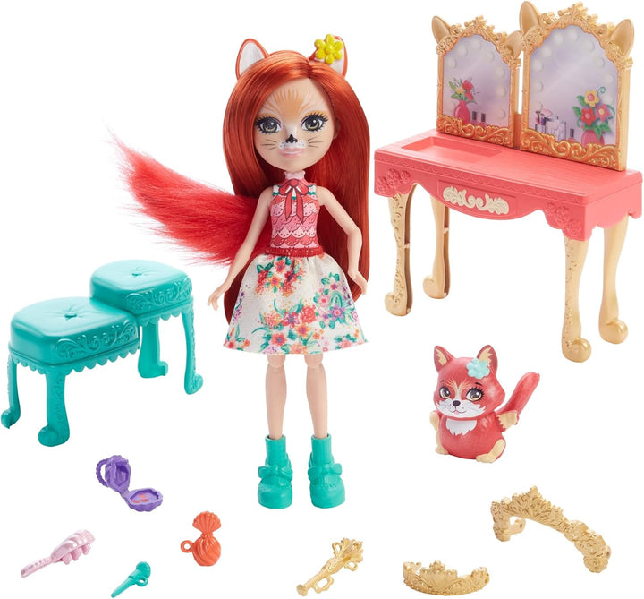 Enchantimals GYJ05 - Royaler Frisiertisch Spielset, mit Fabrina Fox Puppe (ca. 15,2 cm) und 1 Tier,