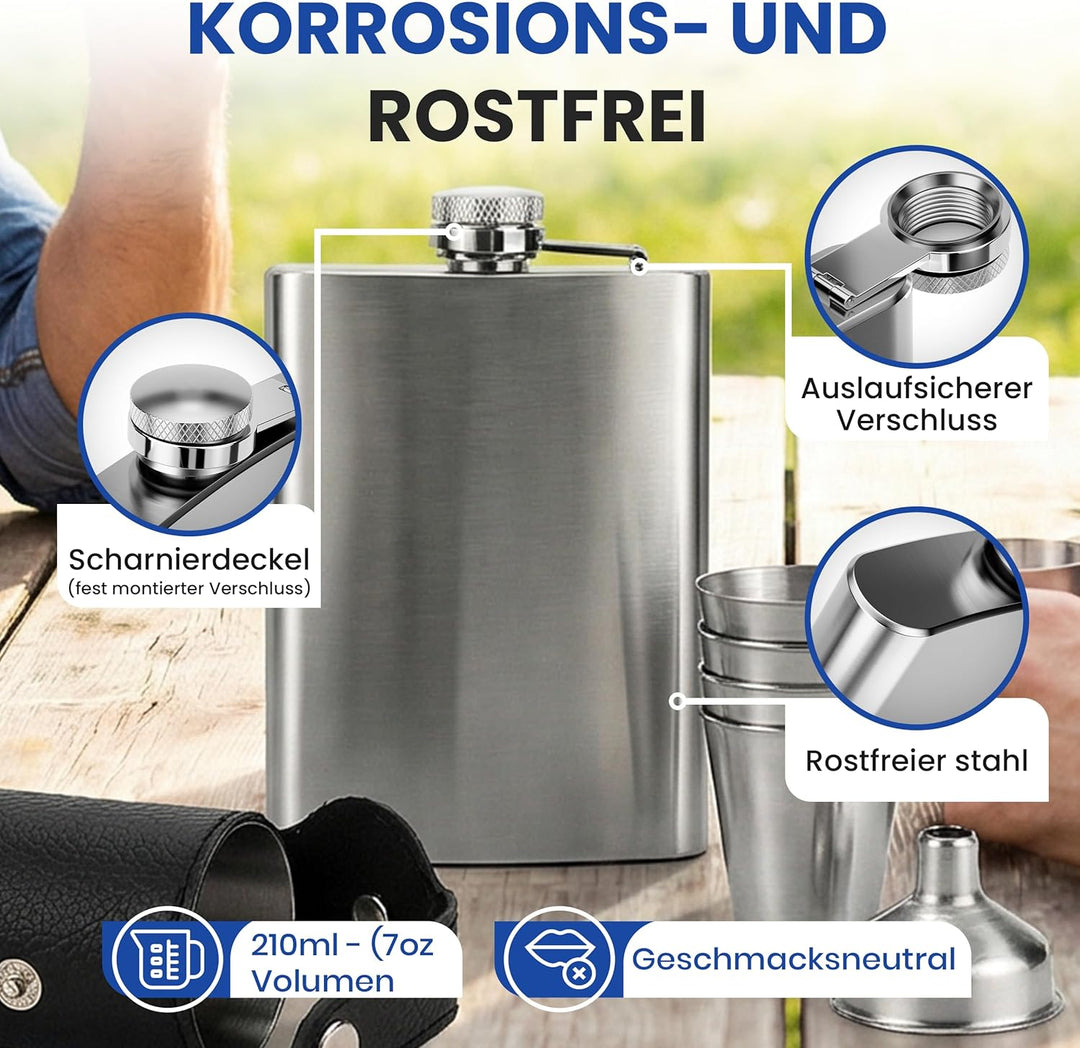Oramics Flachmann Set 7-tlg. inkl. TRICHTER & BECHER – Edelstahl Taschenflasche gebürstet – Edles Mä