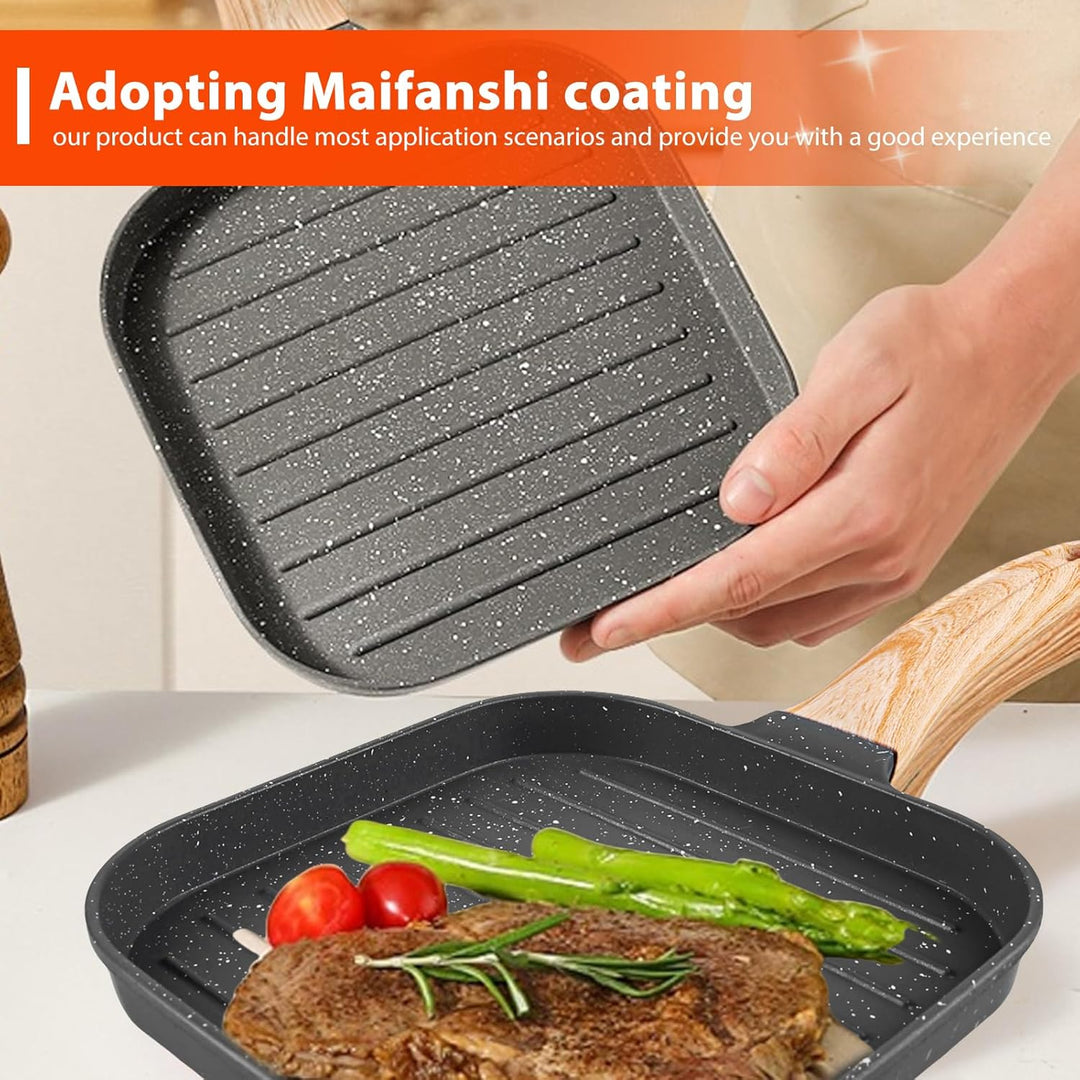 SPORWAY Grillpfanne 18×18 cm, Steakpfanne Induktion aus Aluminiumguss, Rectangle Bratpfanne mit Abne