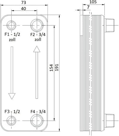 Edelstahl Plattenwärmetauscher B3-12-50 mit 2x1/2 & 2x3/4 Zoll Anschl. 90kW Heizung Solar (PWT)