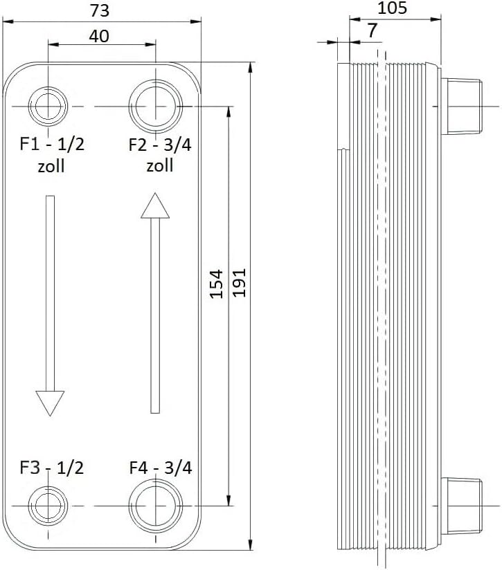 Edelstahl Plattenwärmetauscher B3-12-50 mit 2x1/2 & 2x3/4 Zoll Anschl. 90kW Heizung Solar (PWT)
