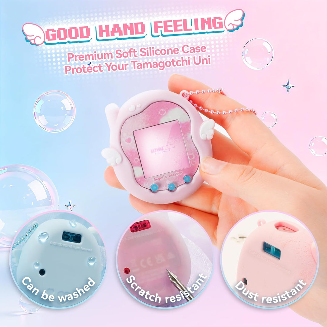 Kuitmor Süsses Engel-Flüstern Silikonhülle für Tamagotchi Uni, Ganzkörperschutz-Hülle mit Deko-Stick