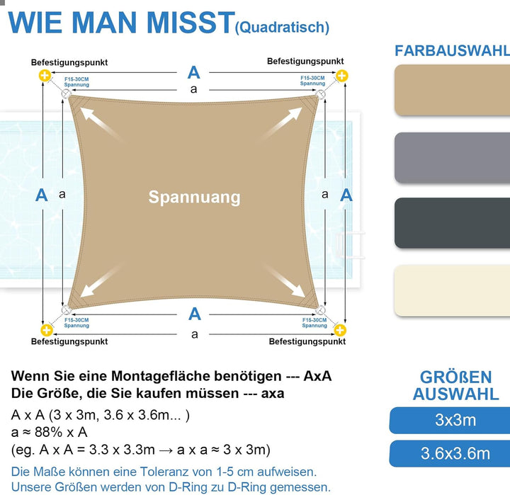 3x3m Sonnensegel Rechteckig, Wasserdicht Sonnenschutz Segeltuch Sunsegel, 95% UV Schutz, Regenschutz