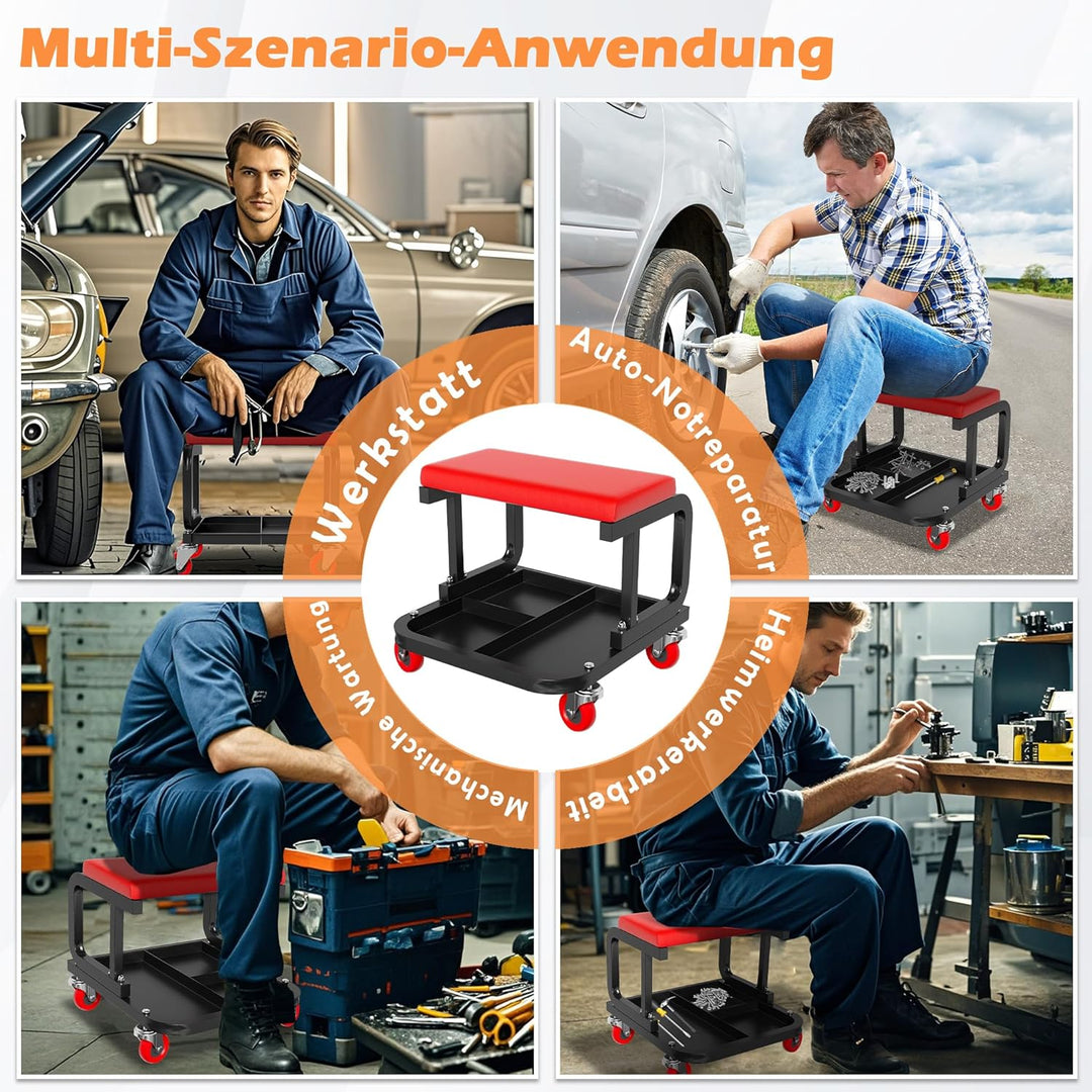 Aufun Werkstatthocker mit Rollen, Werkstatt Rollsitz 150kg belastbar, Arbeitshocker mit Ablage, 4 be