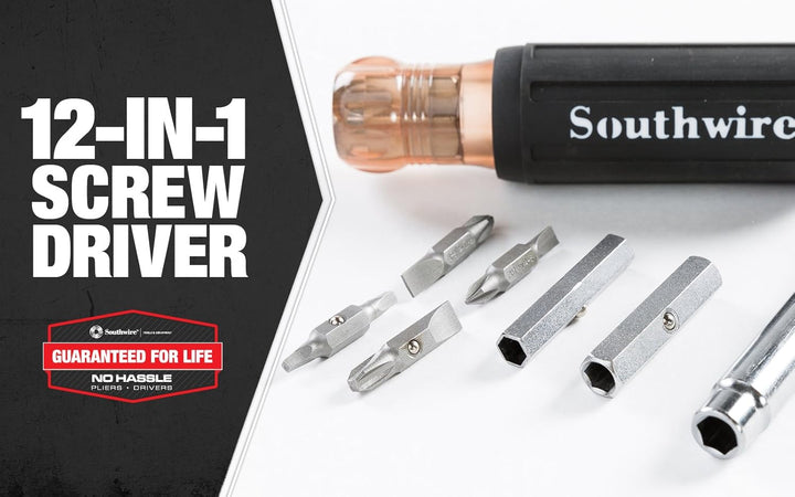 Southwire 59723940 12-in-1 Multi-Bit-Schraubendreher; austauschbare Bits; Komfortgriff; Sechskant 1/