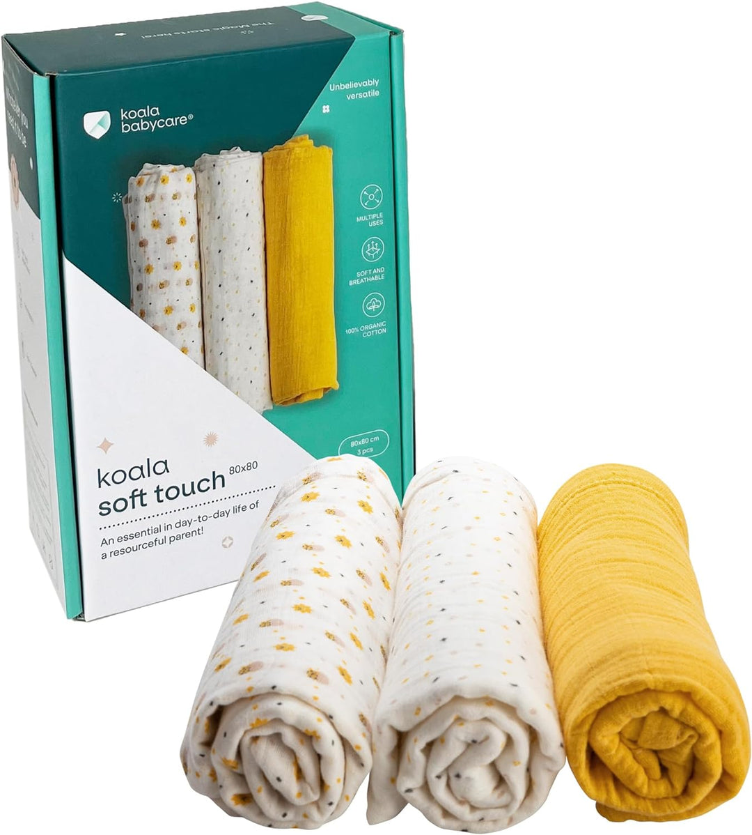 KOALA BABYCARE - Neugeborenes Musselin 80x80 cm - Packung mit 3 Stück - Neugeborenen-Baumwolldecke -