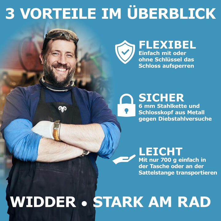 WIDDER Kettenschloss als Zahlenschloss oder Schlüsselschloss – gehärteter Stahl, 90 cm lang, 700 g l