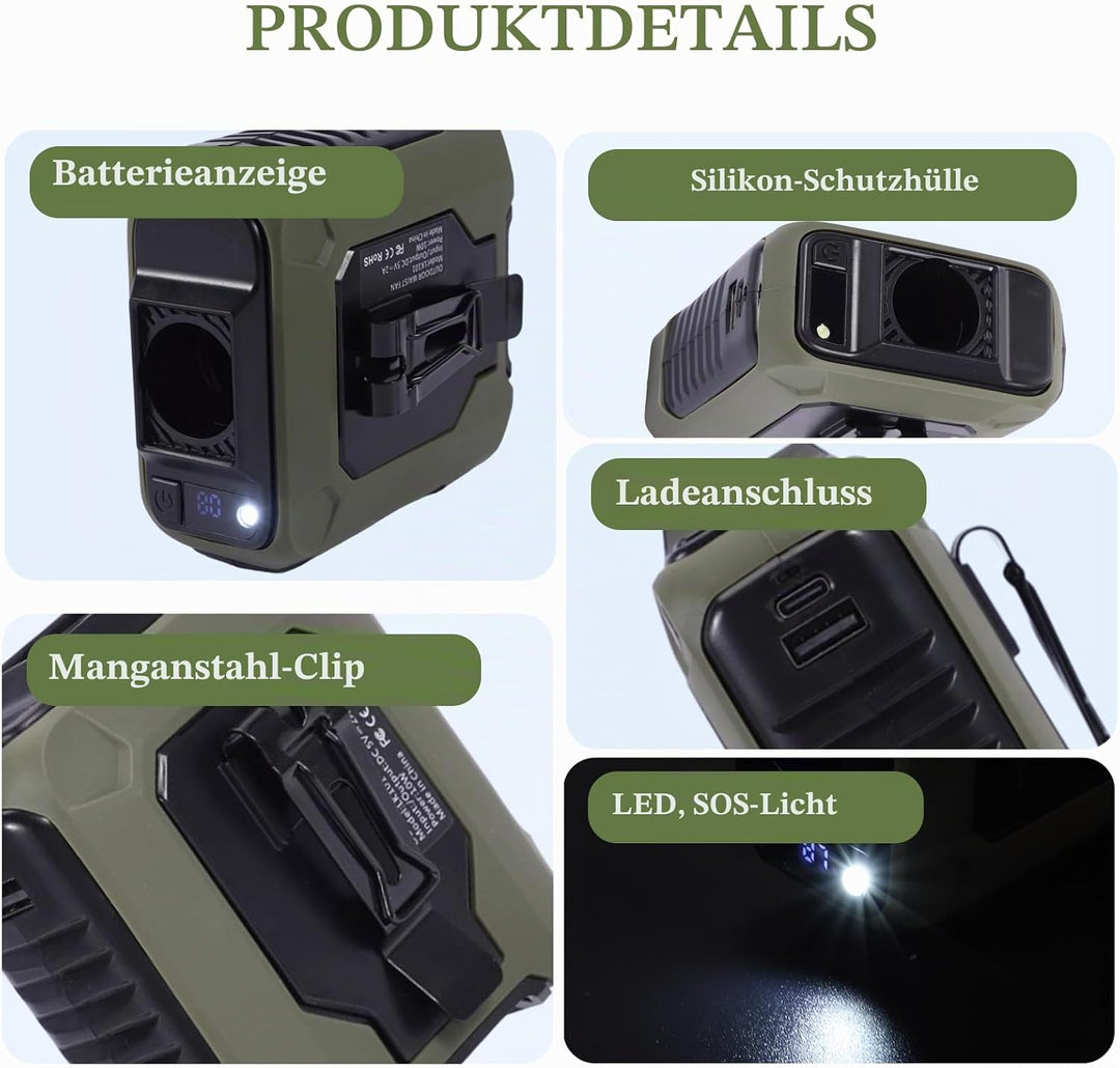 6-in-1 Taillen Clip Ventilator mit COB-Licht&Powerbank, USB Wiederaufladbar, 40 Stunden Laufzeit, Ve