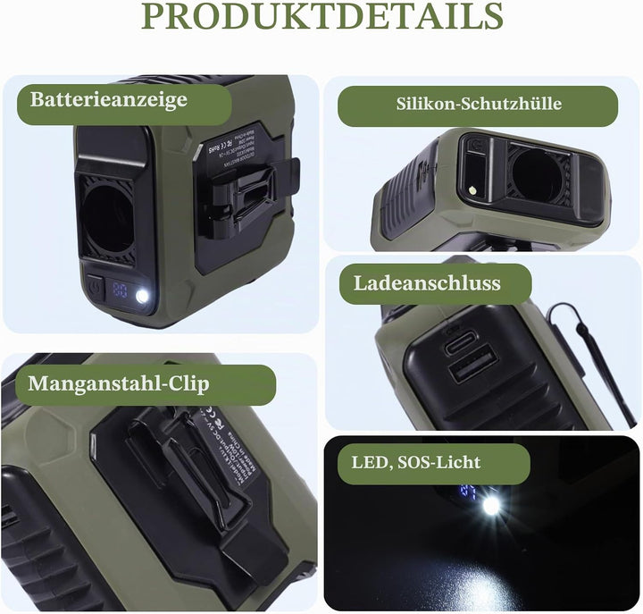 6-in-1 Taillen Clip Ventilator mit COB-Licht&Powerbank, USB Wiederaufladbar, 40 Stunden Laufzeit, Ve