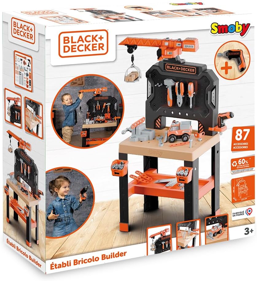 Smoby – Black+Decker Kinderwerkbank mit Kran – 87 Zubehörteile inkl. 7 Werkzeuge wie Säge, Schraubst