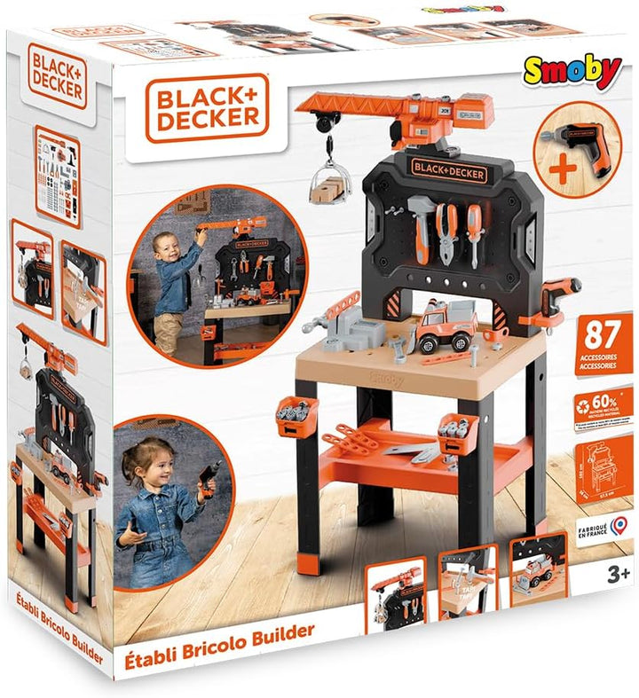 Smoby – Black+Decker Kinderwerkbank mit Kran – 87 Zubehörteile inkl. 7 Werkzeuge wie Säge, Schraubst
