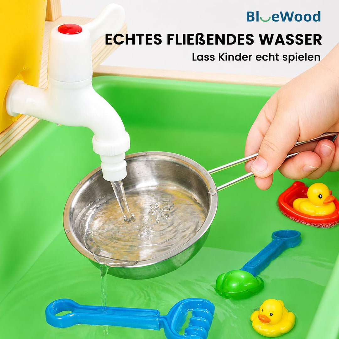 BlueWood Matschküche Kinder Outdoor – FSC Holz Küche mit Wasserhahn, Spielbecken &amp; Stauraum für Gart