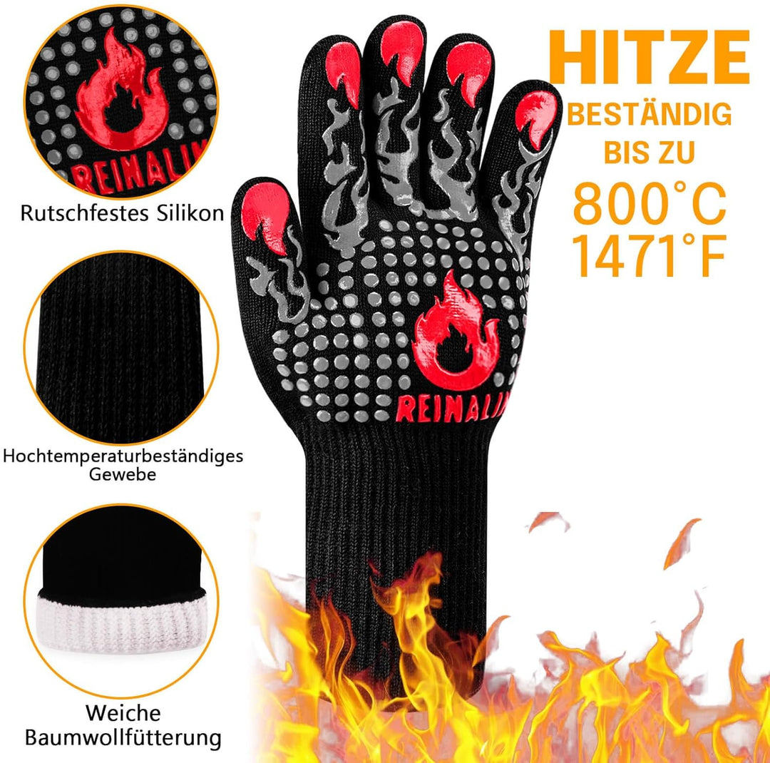Reinalin Grillhandschuhe Hitzebeständig bis 800°C, Ofenhandschuhe Topfhandschuhe Feuerfeste Handschu