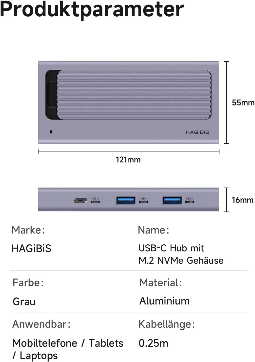 Hagibis USB-C-Hub mit M.2-SSD-Gehäuse, magnetische Abdeckung, einfache Demontage, externes Festplatt