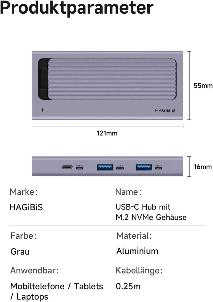 Hagibis USB-C-Hub mit M.2-SSD-Gehäuse, magnetische Abdeckung, einfache Demontage, externes Festplatt