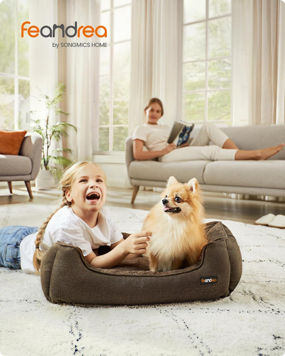 Feandrea Hundebett, Hundekissen in Leinenoptik, Hundekorb, erhöhte Ränder, rutschfeste Unterseite, B