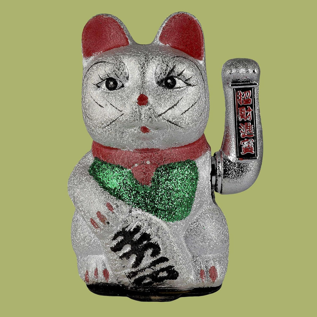 Freak Scene Glückskatze Maneki-Neko Winkekatze aus Keramik 20cm Silber winkende Katze Lucky cat