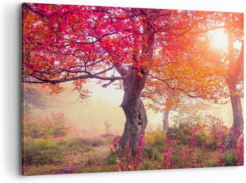 Bilder auf Leinwand 100x70cm Leinwandbild mit Rahmen Baum Natur Wiese Gross Wanddeko Bild Schlafzimm