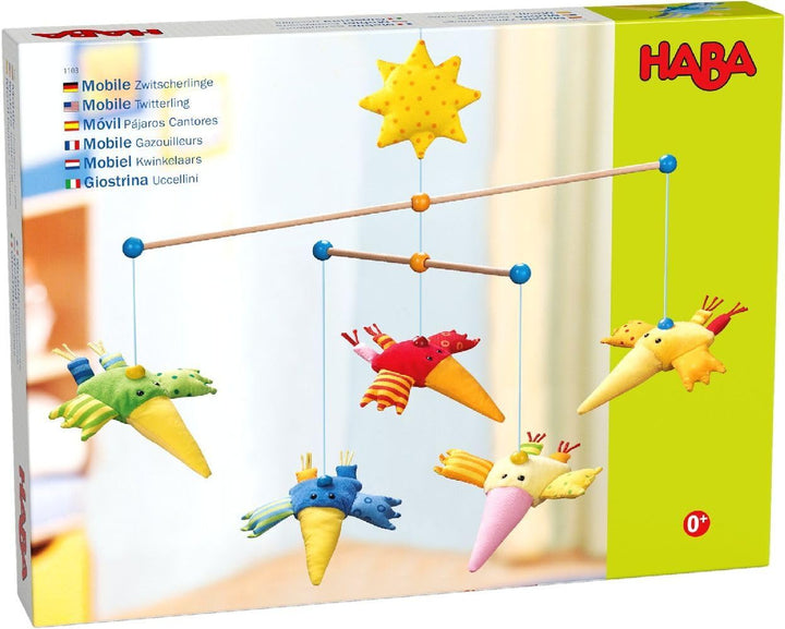HABA 1103 Mobile Zwitscherlinge, Baby-Mobile zum Aufhängen mit 5 abnehmbaren Vögeln aus Stoff und ge