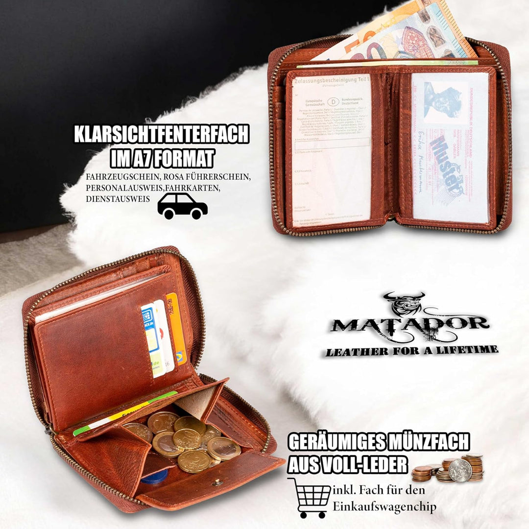 MATADOR® Geldbeutel Damen mit Reissverschluss Geldbörse Herren Echt Leder Geldbeutel mit TüV geprüft