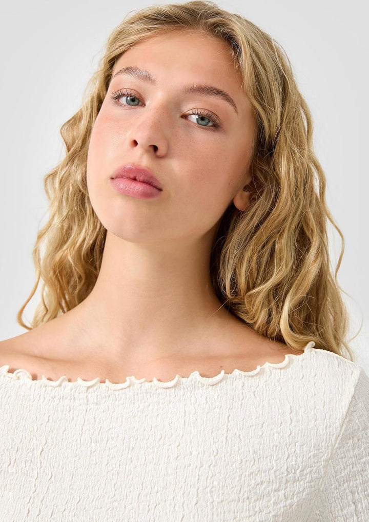 QS Damen Strukturiertes Langarmshirt T-Shirt Langarm XXL 0300_creme, XXL 0300_creme
