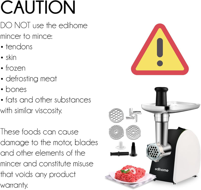 Edihome, Fleischwolf Elektrisch, mit Wurstfüller, Multifunktionell mit 3 Schneidplatten