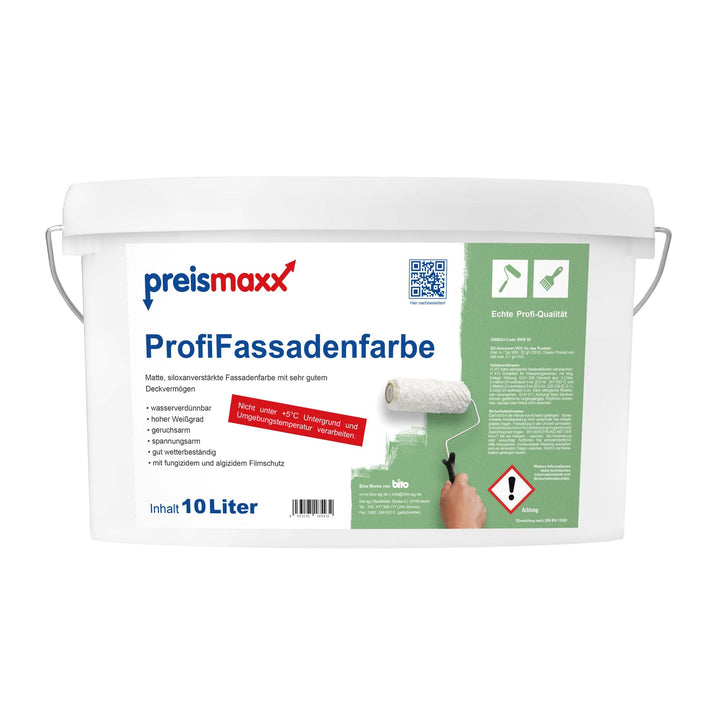 Profi Fassadenfarbe, weiss, 10 Liter, matte, wasserabweisende Aussen-Dispersion, hohe Wasserdampfdur