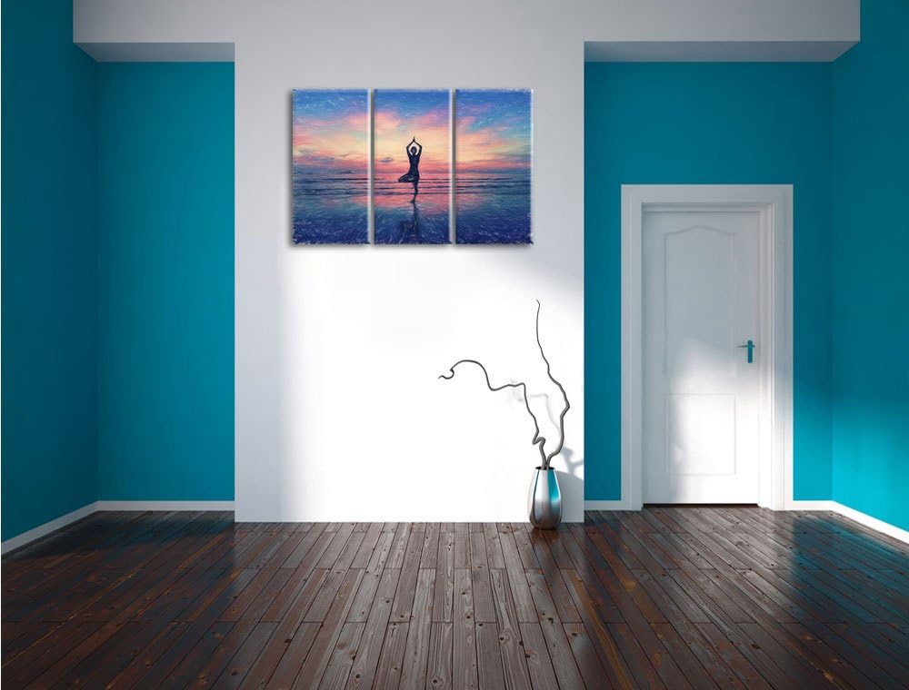 Pixxprint Yoga am Strand / 3-Teilig/Gesamtmass 120cm Leinwandbild bespannt auf Holzrahmen/Wandbild K
